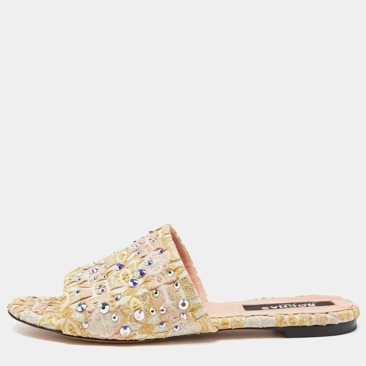 Pre Owned Rochas Tricolor Fabric Crystal Embellished Flat Slides Size 37.5
