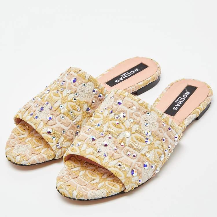 Pre Owned Rochas Tricolor Fabric Crystal Embellished Flat Slides Size 37.5