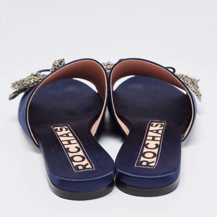 Pre Owned Rochas Navy Blue Satin Crystal Embellished Bow Slide Flats Size 36