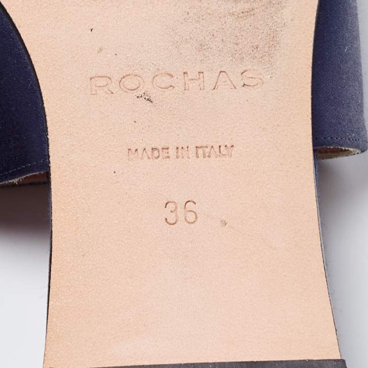 Pre Owned Rochas Navy Blue Satin Crystal Embellished Bow Slide Flats Size 36