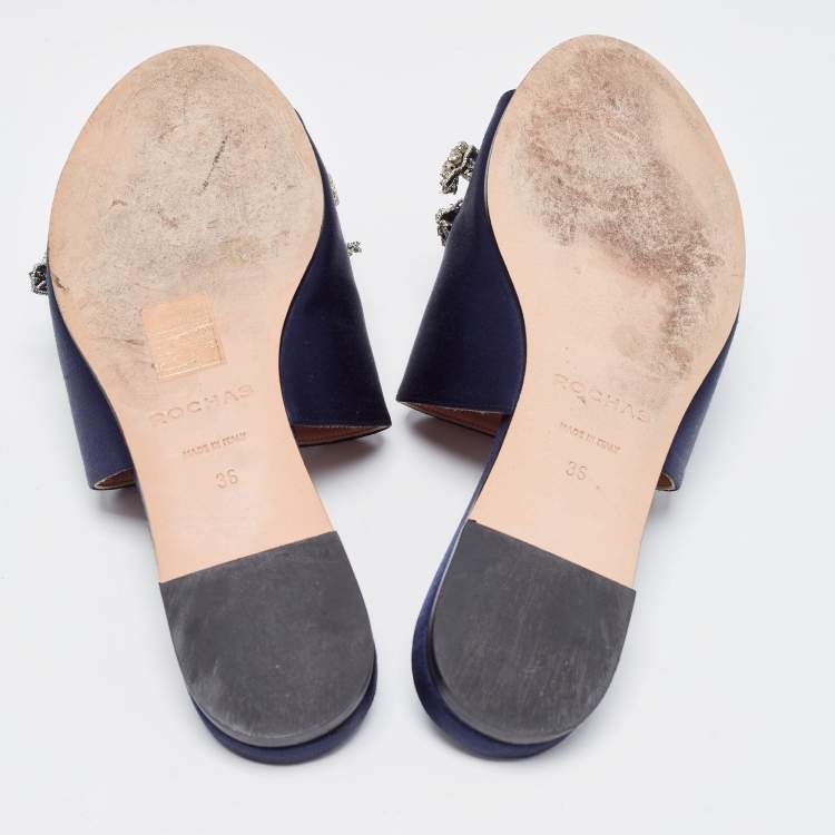 Pre Owned Rochas Navy Blue Satin Crystal Embellished Bow Slide Flats Size 36