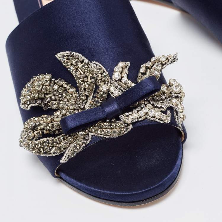 Pre Owned Rochas Navy Blue Satin Crystal Embellished Bow Slide Flats Size 36