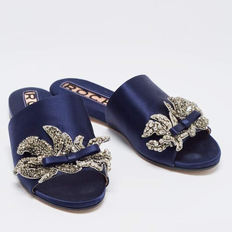Pre Owned Rochas Navy Blue Satin Crystal Embellished Bow Slide Flats Size 36