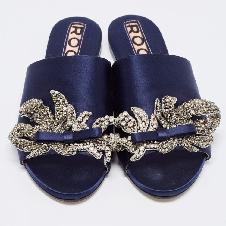 Pre Owned Rochas Navy Blue Satin Crystal Embellished Bow Slide Flats Size 36