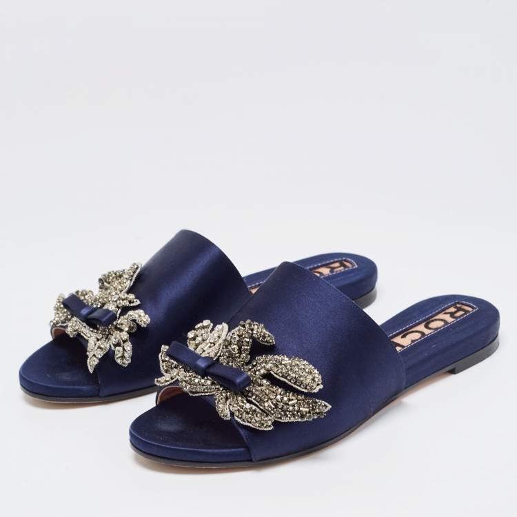 Pre Owned Rochas Navy Blue Satin Crystal Embellished Bow Slide Flats Size 36