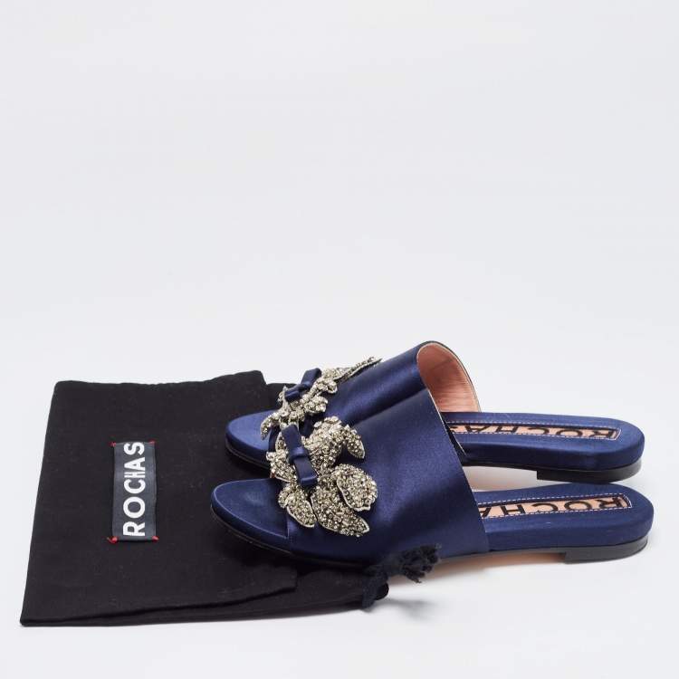 Pre Owned Rochas Navy Blue Satin Crystal Embellished Bow Slide Flats Size 36