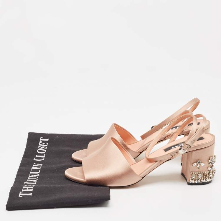 Pre Owned Rochas Pink Satin Crystal Embellished Block Heel Ankle Strap Sandals Size 38