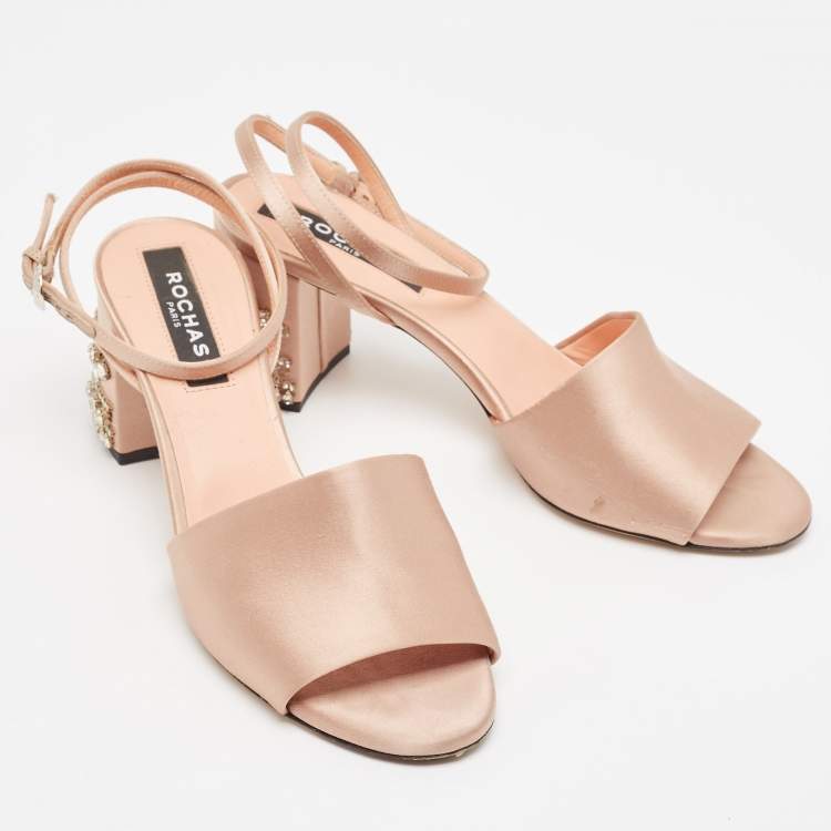 Pre Owned Rochas Pink Satin Crystal Embellished Block Heel Ankle Strap Sandals Size 38