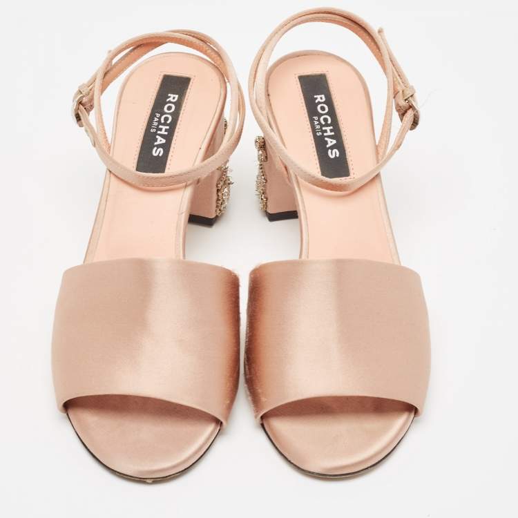 Pre Owned Rochas Pink Satin Crystal Embellished Block Heel Ankle Strap Sandals Size 38