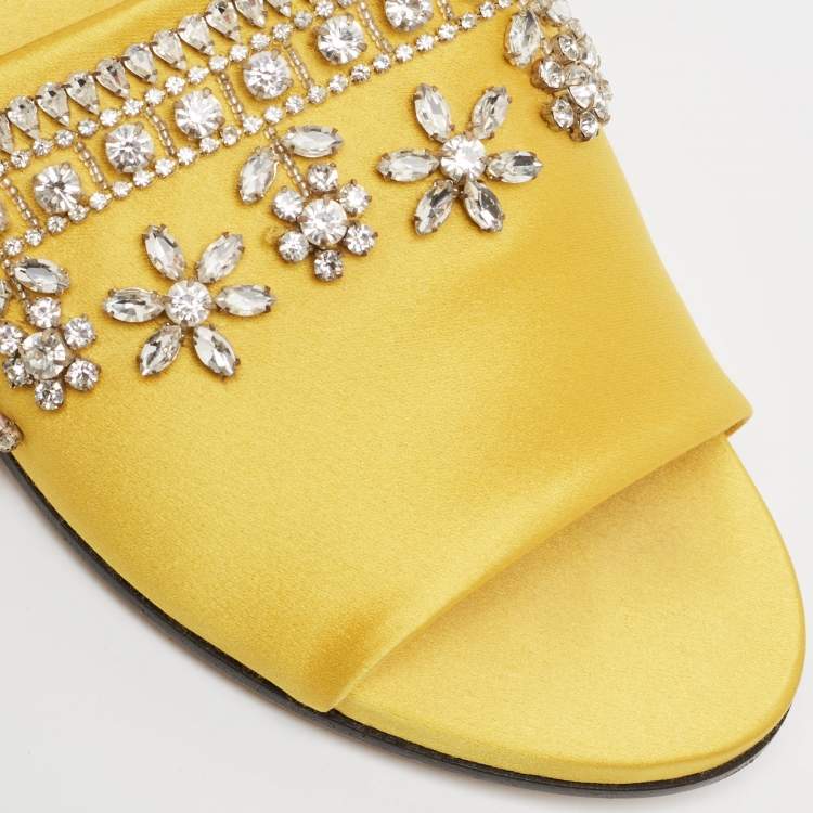 Pre Owned Rochas Yellow Satin Crystal Embellished Flat Slides Size 38