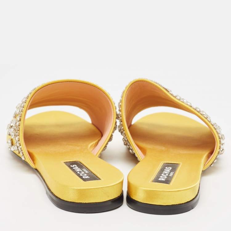 Pre Owned Rochas Yellow Satin Crystal Embellished Flat Slides Size 38
