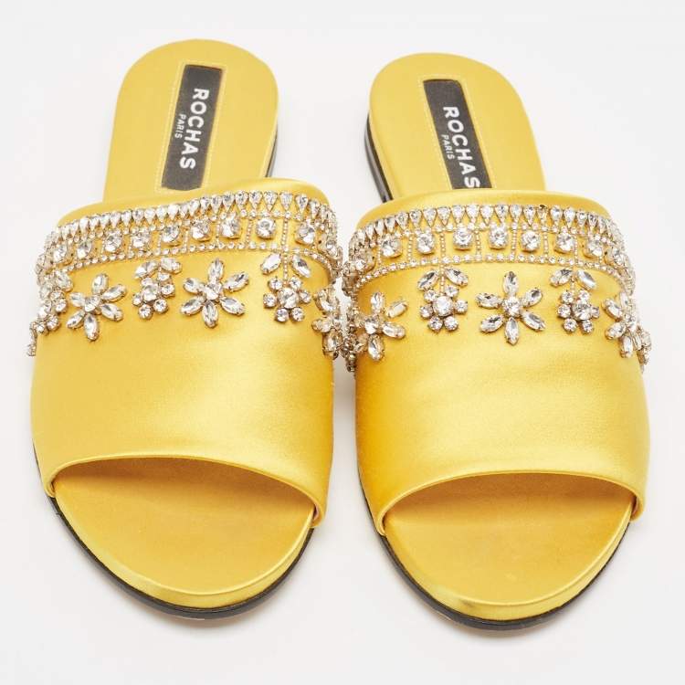 Pre Owned Rochas Yellow Satin Crystal Embellished Flat Slides Size 38
