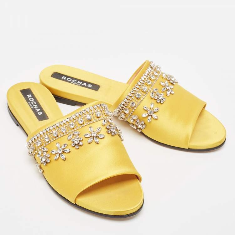 Pre Owned Rochas Yellow Satin Crystal Embellished Flat Slides Size 38