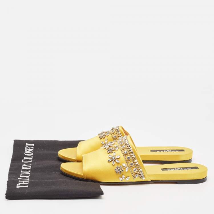 Pre Owned Rochas Yellow Satin Crystal Embellished Flat Slides Size 38