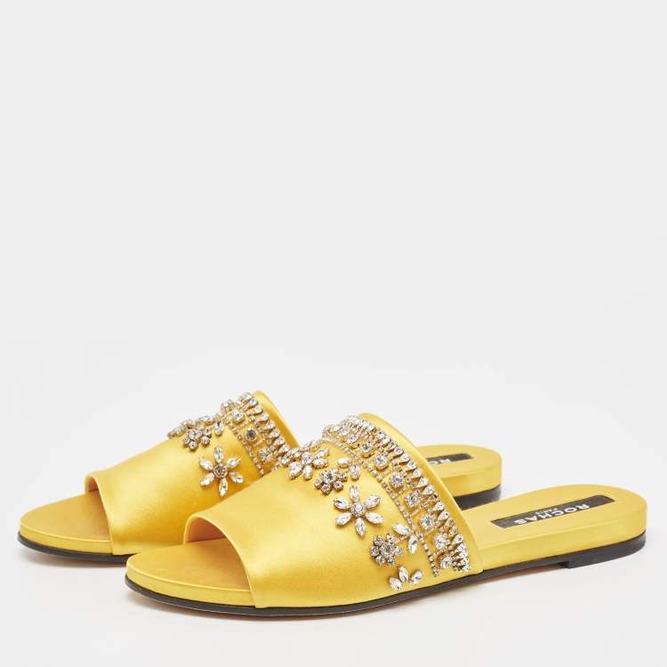 Pre Owned Rochas Yellow Satin Crystal Embellished Flat Slides Size 38