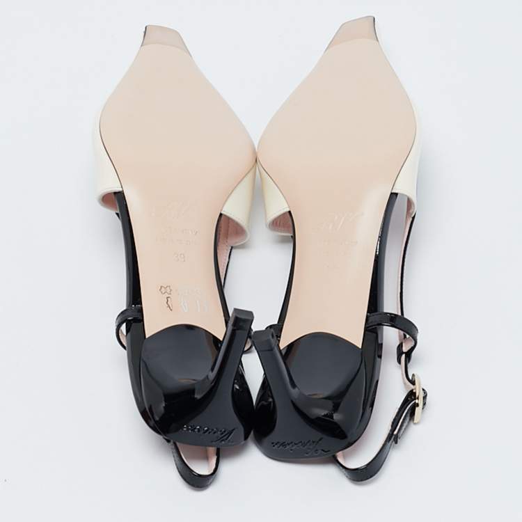 Pre Owned Roger Vivier Cream/Black Patent Leather Mini Buckle Slingback Pumps Size 39