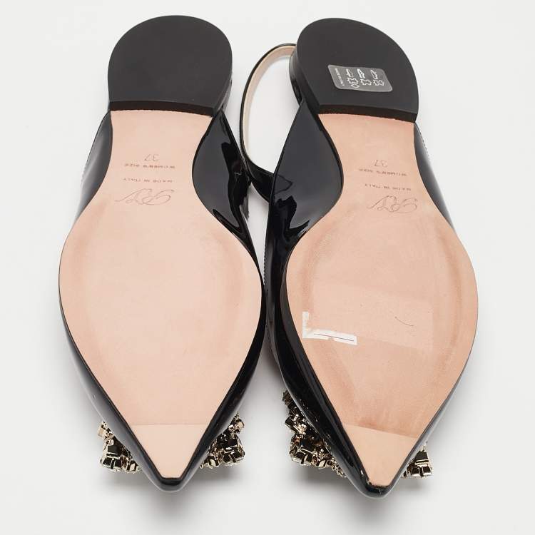 Pre Owned Roger Vivier Black Patent Leather Strass Buckle Slingback Flats Size 37