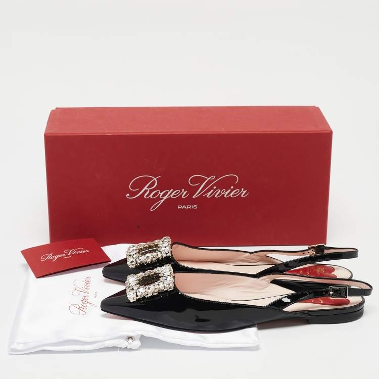 Pre Owned Roger Vivier Black Patent Leather Strass Buckle Slingback Flats Size 37