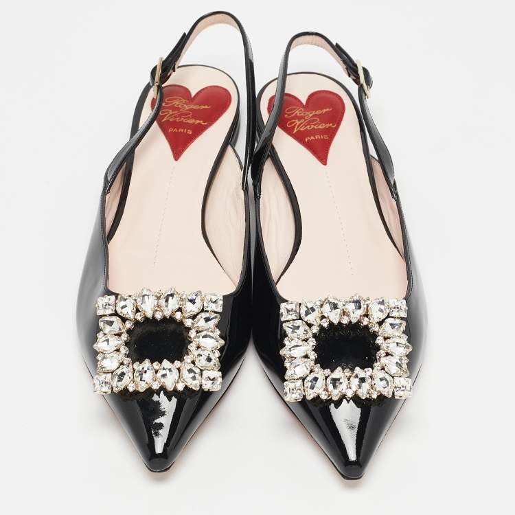 Pre Owned Roger Vivier Black Patent Leather Strass Buckle Slingback Flats Size 37