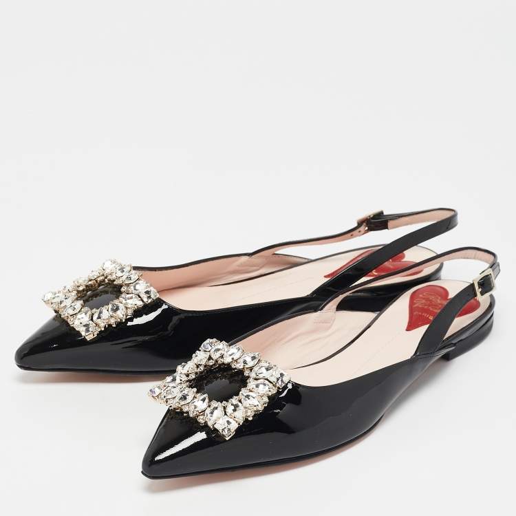 Pre Owned Roger Vivier Black Patent Leather Strass Buckle Slingback Flats Size 37