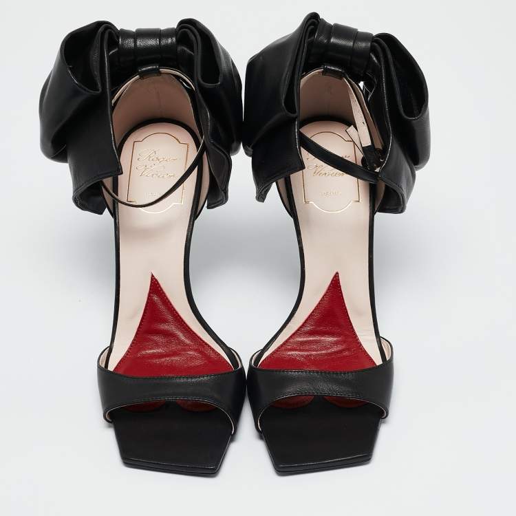 Pre Owned Roger Vivier Black Leather Viv' Choc Back Bow Sandals Size 38