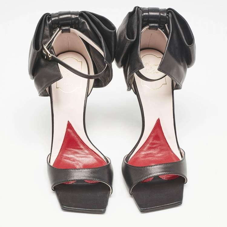 Pre Owned Roger Vivier Black Leather Viv' Choc Back Bow Sandals Size 39