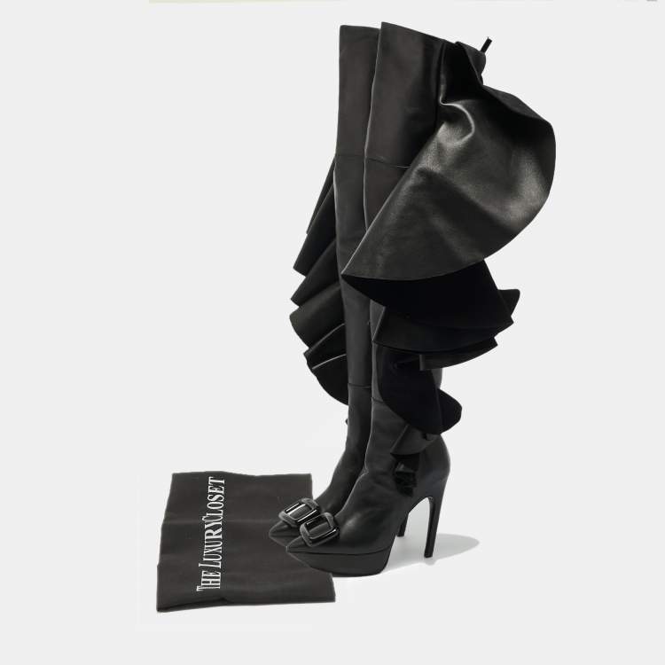 Pre Owned Roger Vivier Viv Size 40 Black Leather Knee Length Boots