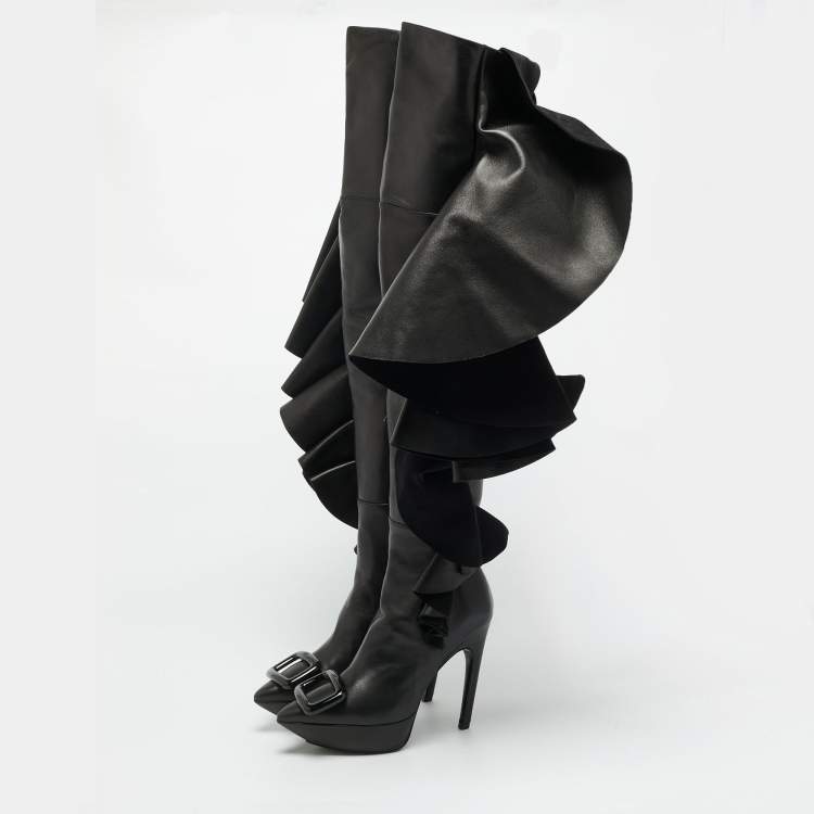 Pre Owned Roger Vivier Viv Size 40 Black Leather Knee Length Boots
