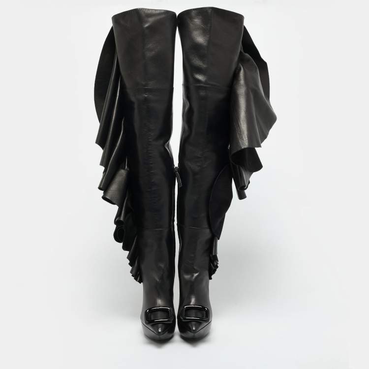 Pre Owned Roger Vivier Viv Size 40 Black Leather Knee Length Boots