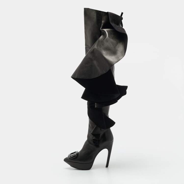 Pre Owned Roger Vivier Viv Size 36 Black Leather Knee Length Boots                