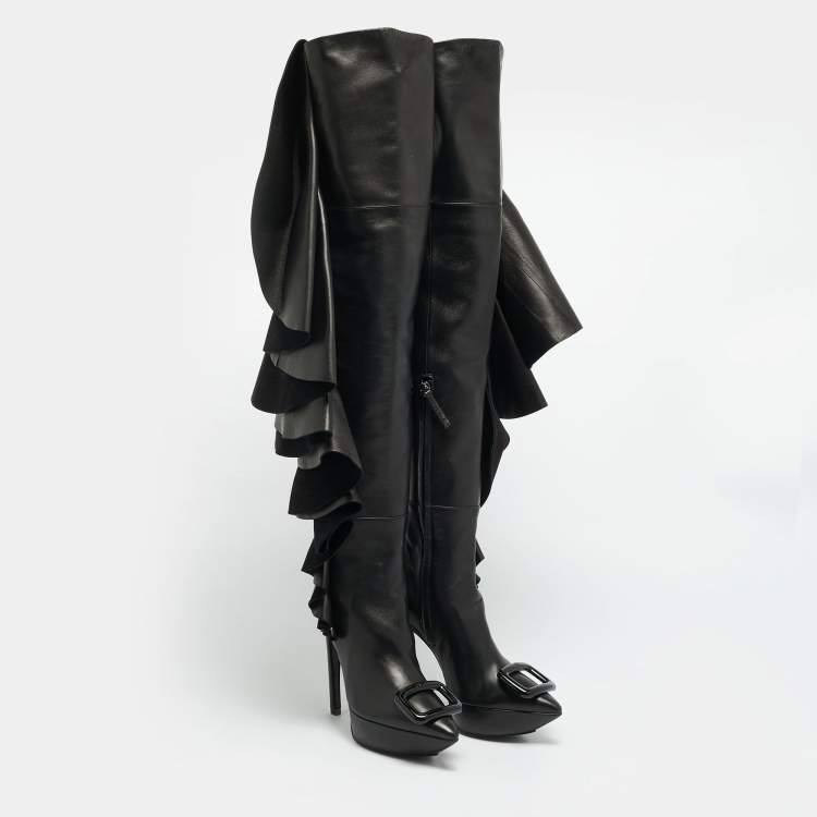 Pre Owned Roger Vivier Viv Size 36 Black Leather Knee Length Boots                