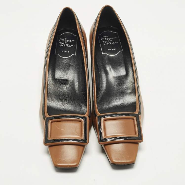 Pre Owned Roger Vivier Belle Vivier Size 39 Brown Leather Block Heel Pumps