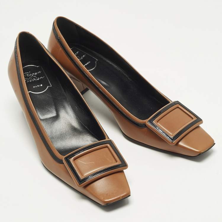 Pre Owned Roger Vivier Belle Vivier Size 39 Brown Leather Block Heel Pumps