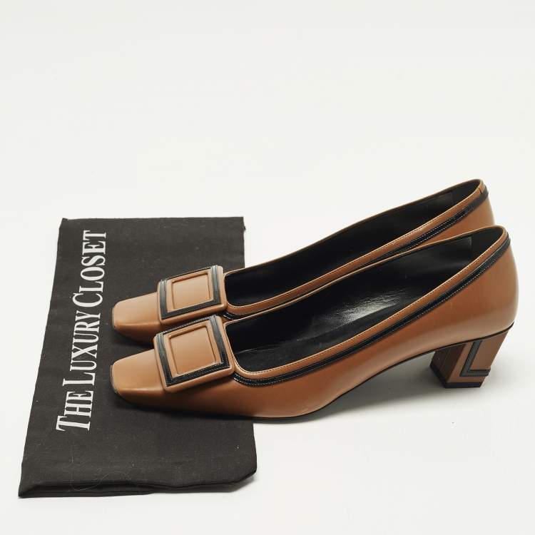 Pre Owned Roger Vivier Belle Vivier Size 39 Brown Leather Block Heel Pumps