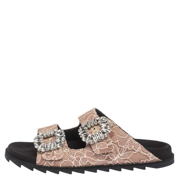 Roger Vivier Beige Lace Slidy Viv Strass Embellished Flat Slide