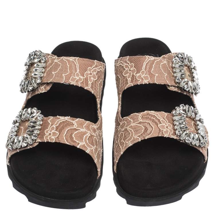 Pre Owned Roger Vivier Beige Lace Slidy Viv Strass Embellished Flat Slide Size 40