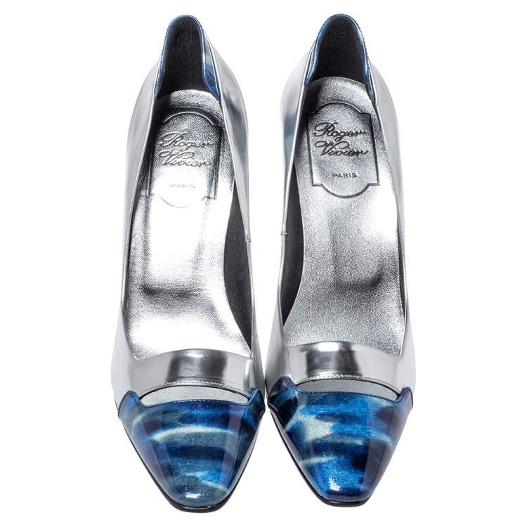 Pre Owned Roger Viver Sliver/Blue Glitter Leather Pointed Toe Pumps Size 36