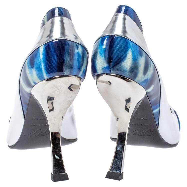 Pre Owned Roger Viver Sliver/Blue Glitter Leather Pointed Toe Pumps Size 36