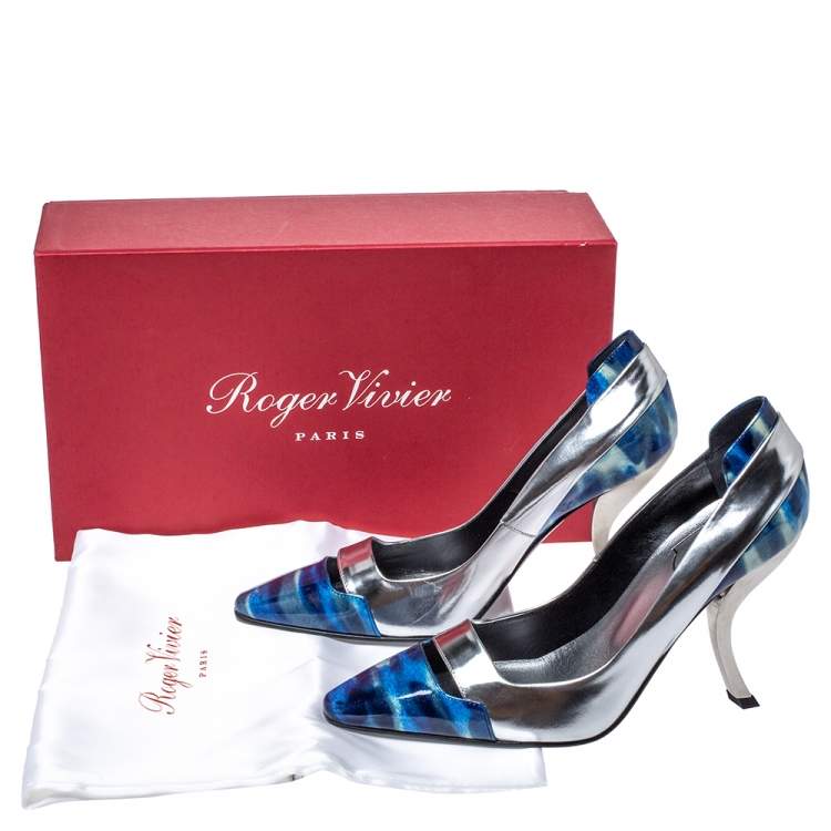 Pre Owned Roger Viver Sliver/Blue Glitter Leather Pointed Toe Pumps Size 36