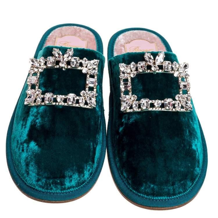 Pre Owned Roger Vivier Green Velvet Hotel Vivier Crystal-Embellished Flat Slippers Size 37
