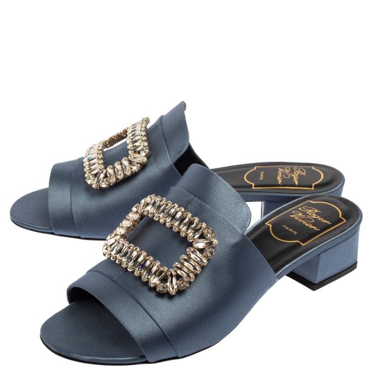 Pre Owned Roger Vivier Grey Satin Embellished Sandals Size 37