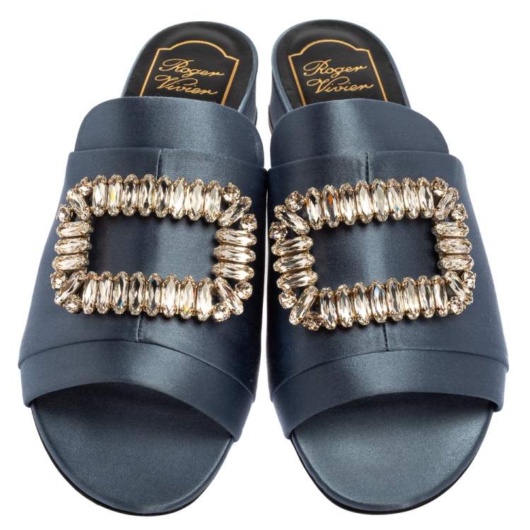Pre Owned Roger Vivier Grey Satin Embellished Sandals Size 37