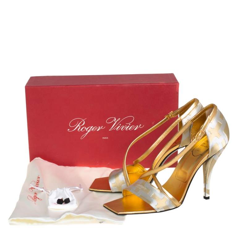 Pre Owned Roger Vivier Silver/Gold Satin And Leather Open Toe Ankle Strap Sandals Size 40