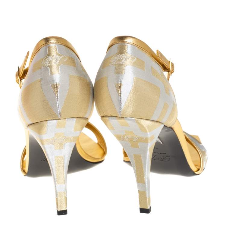 Pre Owned Roger Vivier Silver/Gold Satin And Leather Open Toe Ankle Strap Sandals Size 40