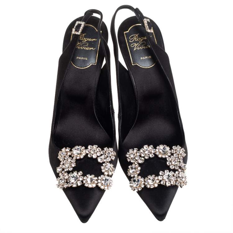 Pre Owned Roger Vivier Black Satin Crystal-Embellished Slingback Pumps Size 37.5