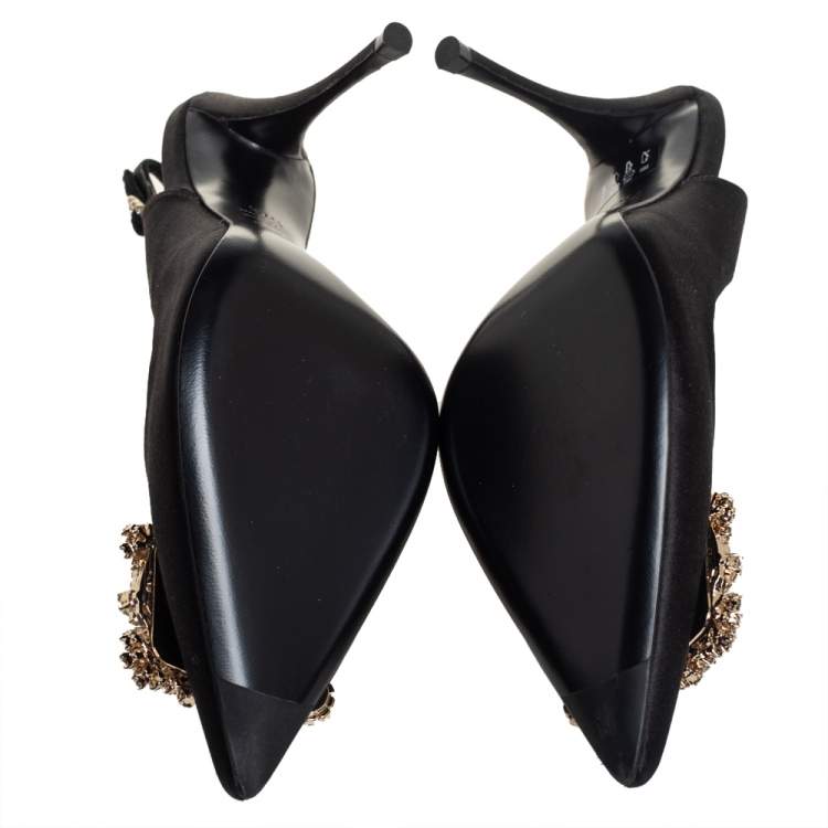 Pre Owned Roger Vivier Black Satin Crystal-Embellished Slingback Pumps Size 37.5