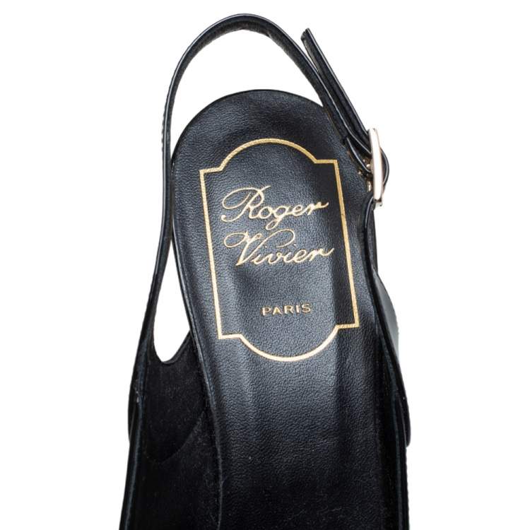 Pre Owned Roger Vivier Black Patent Leather Trompette Slingback Sandals Size 38