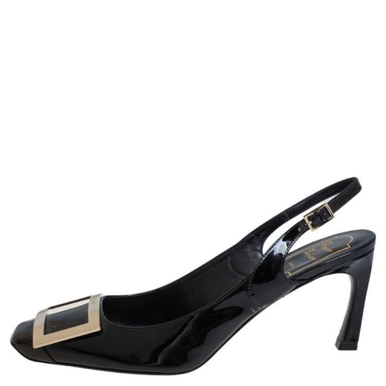 Pre Owned Roger Vivier Black Patent Leather Trompette Slingback Sandals Size 38