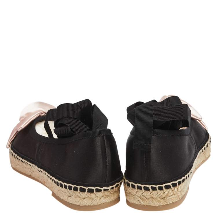 Pre Owned Roger Vivier Black Satin Rose Detail Lace Up Espadrille Ballet Flats Size 34