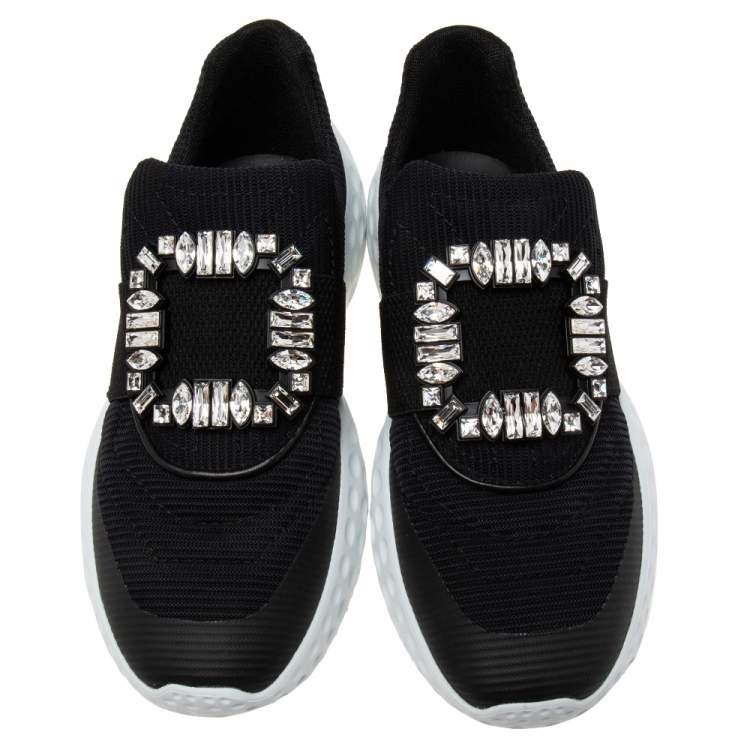 Pre Owned Roger Vivier Black Nylon Viv Run Light Strass Buckle Sneakers Size 38.5